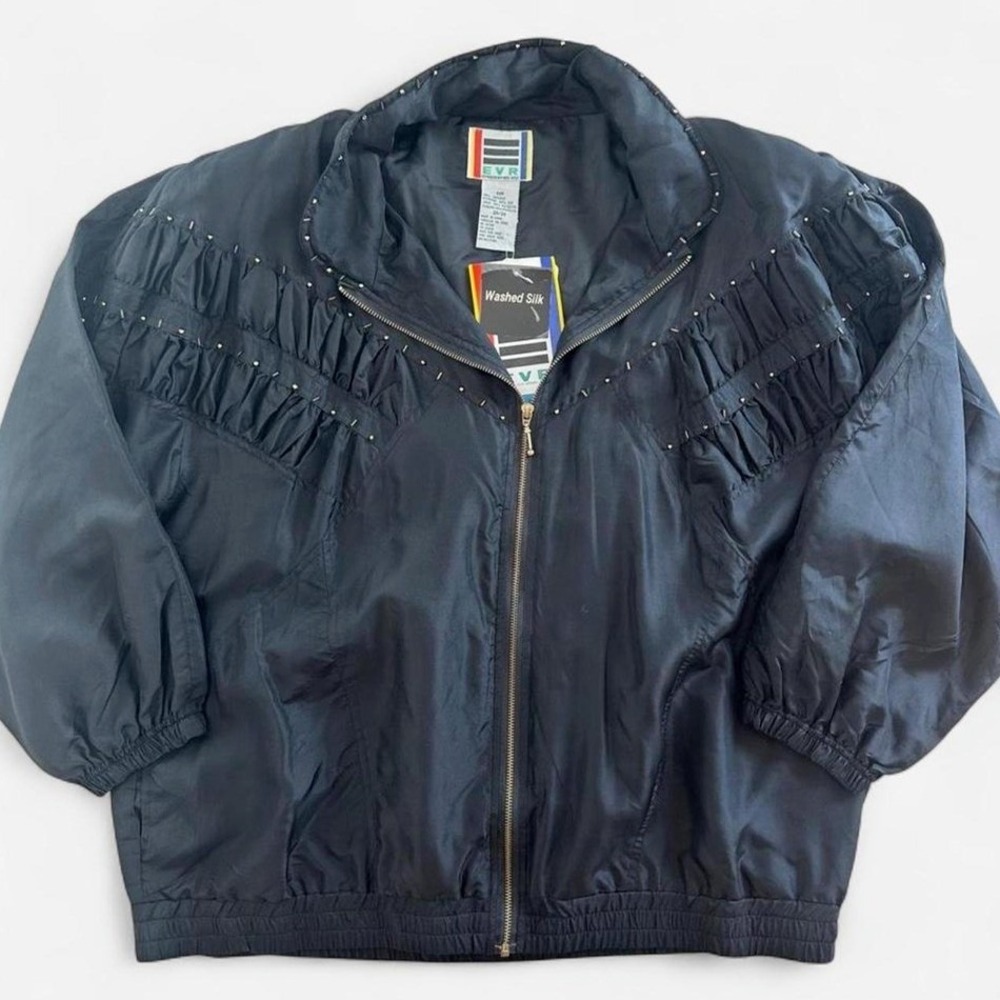 EVR DIV Rousso Studded Silk Bomber Jacket Womens 2XL Vintage 80s Navy/ Black
